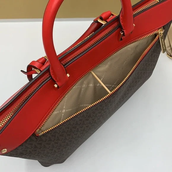 Michael Kors Travel Large Top Zip North South Tote Bag Flame/Brown signa… - Picture 9 of 16